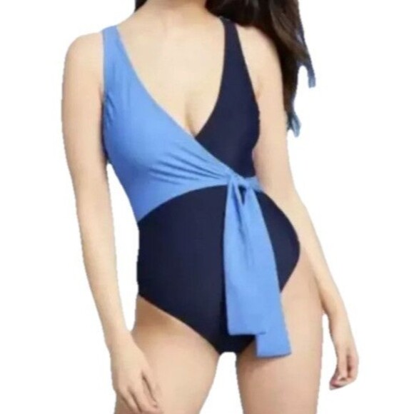 Kona Sol Wrap Tie Colorblock One Piece Swimsuit Navy Blue Light Blue Sz S New - Picture 7 of 8
